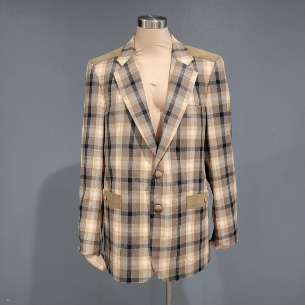 Vintage 80s Men Wool Faux Suede Trim Plaid Blazer